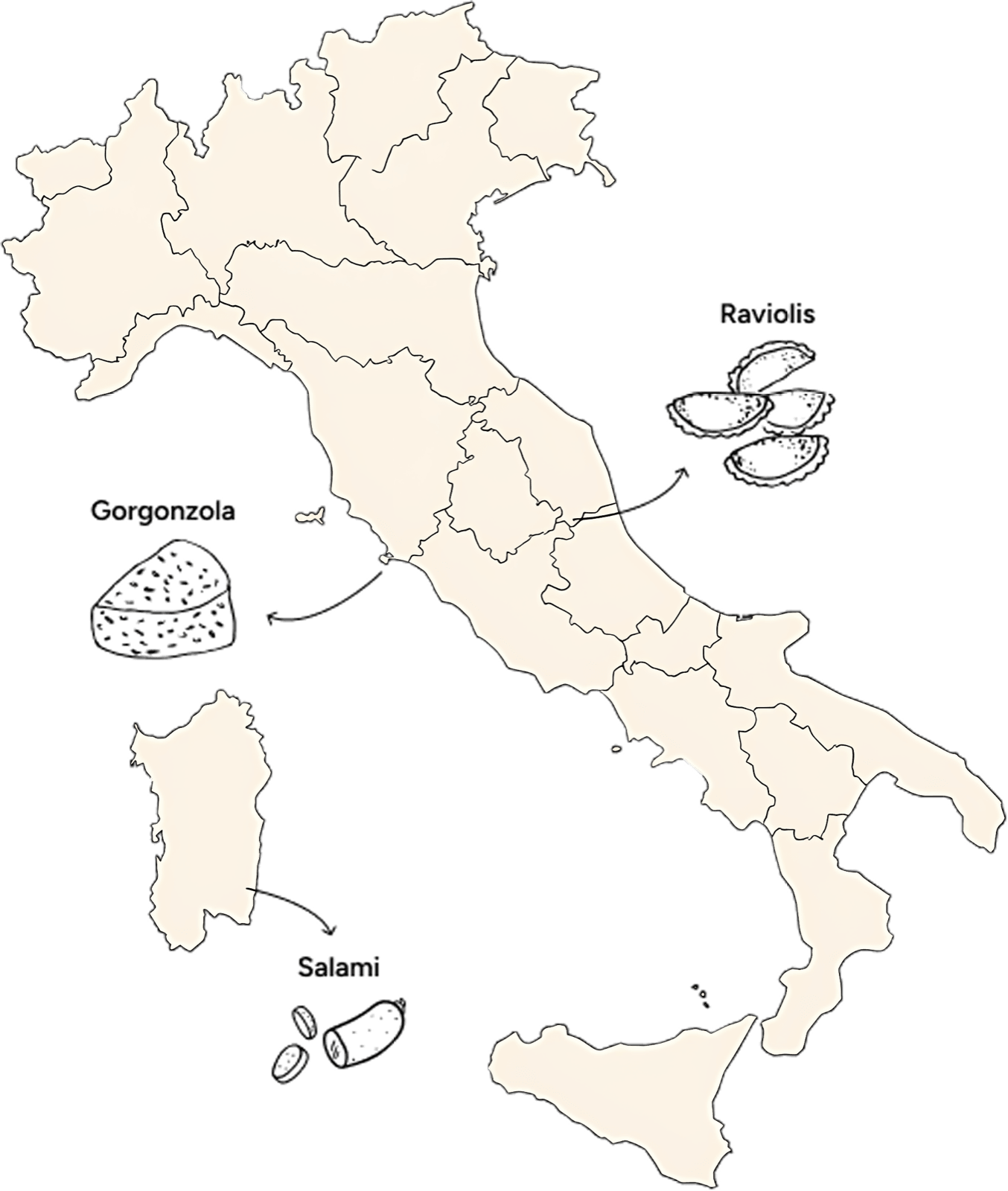 Carte de l’Italie illustrée : raviolis, gorgonzola et salami, produits de notre épicerie fine