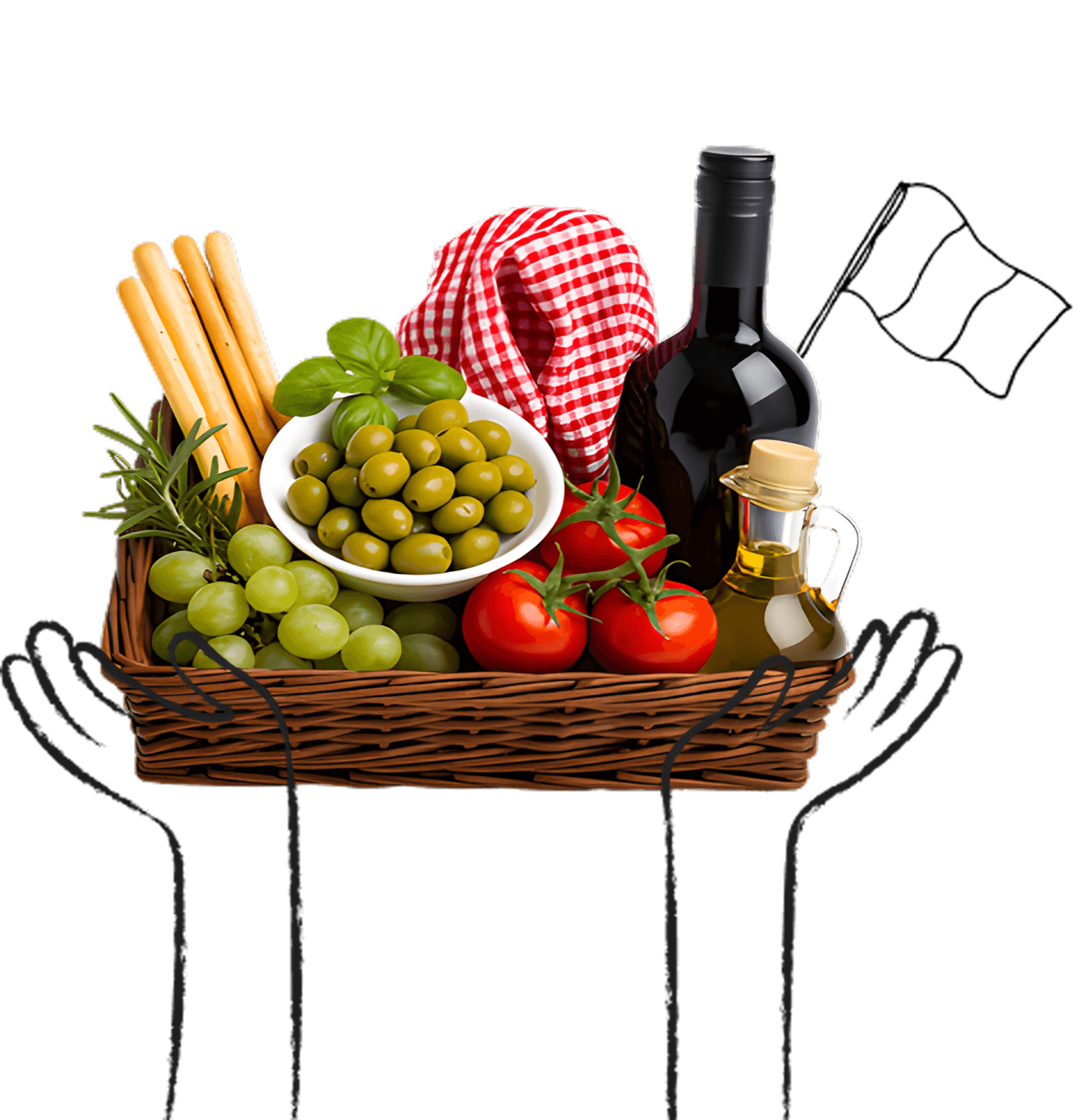 Panier d’épicerie fine italienne : olives, tomates, huile d’olive, vin et gressins