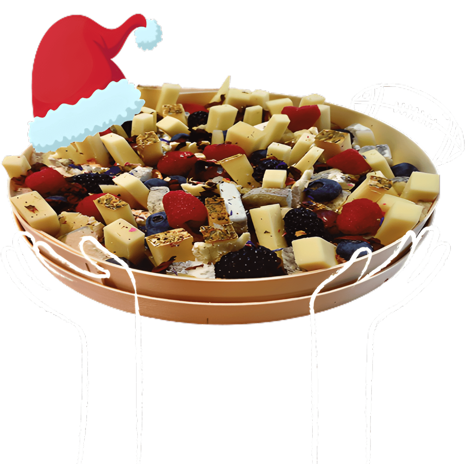 Plateau de fromages de fêtes coiffé d’un bonnet de Noël, tenu à deux mains